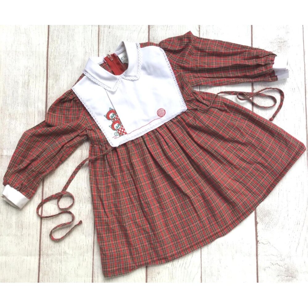 Ruth of Carolina Plaid Dress Girls Size 3T Kitty Cat Bib Red Vintage 1990s